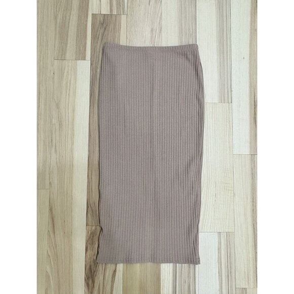 H&M Taupe Brown Ribbed Midi Skirt With Front Slit Stretch Size M - Picture 4 of 4